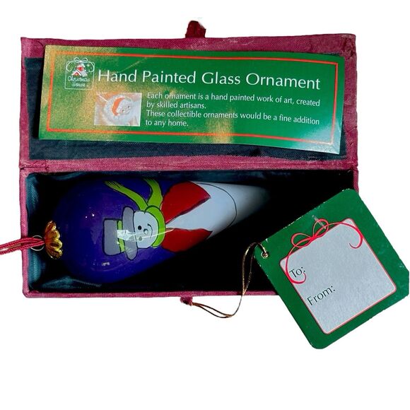 Christmas House "SNOWMAN"  Reversed Hand Painted Christmas Glass Ornament - Picture 2 of 7